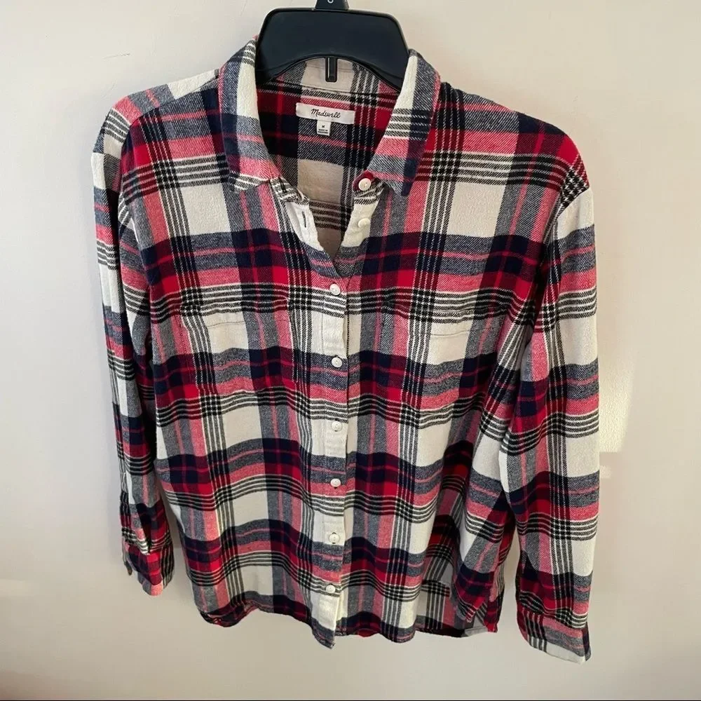 Womens Sz M Madewell Flannel Oversized Ex-Boy Friend plaid shirt Red/White/black - Picture 1 of 6